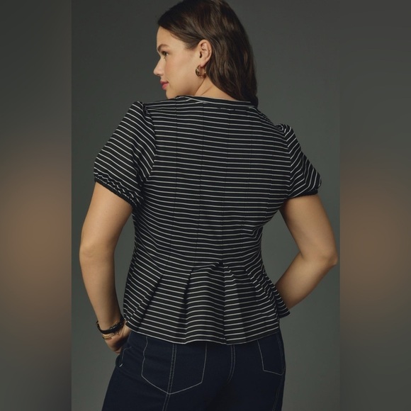 Anthropologie MAEVE Corset Peplum Black and White Striped Top Preppy M - Picture 8 of 13